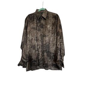 GENELLI 100% Silk Men Shirt Long Sleeves Brown Medium Animal Print Mint Conditio